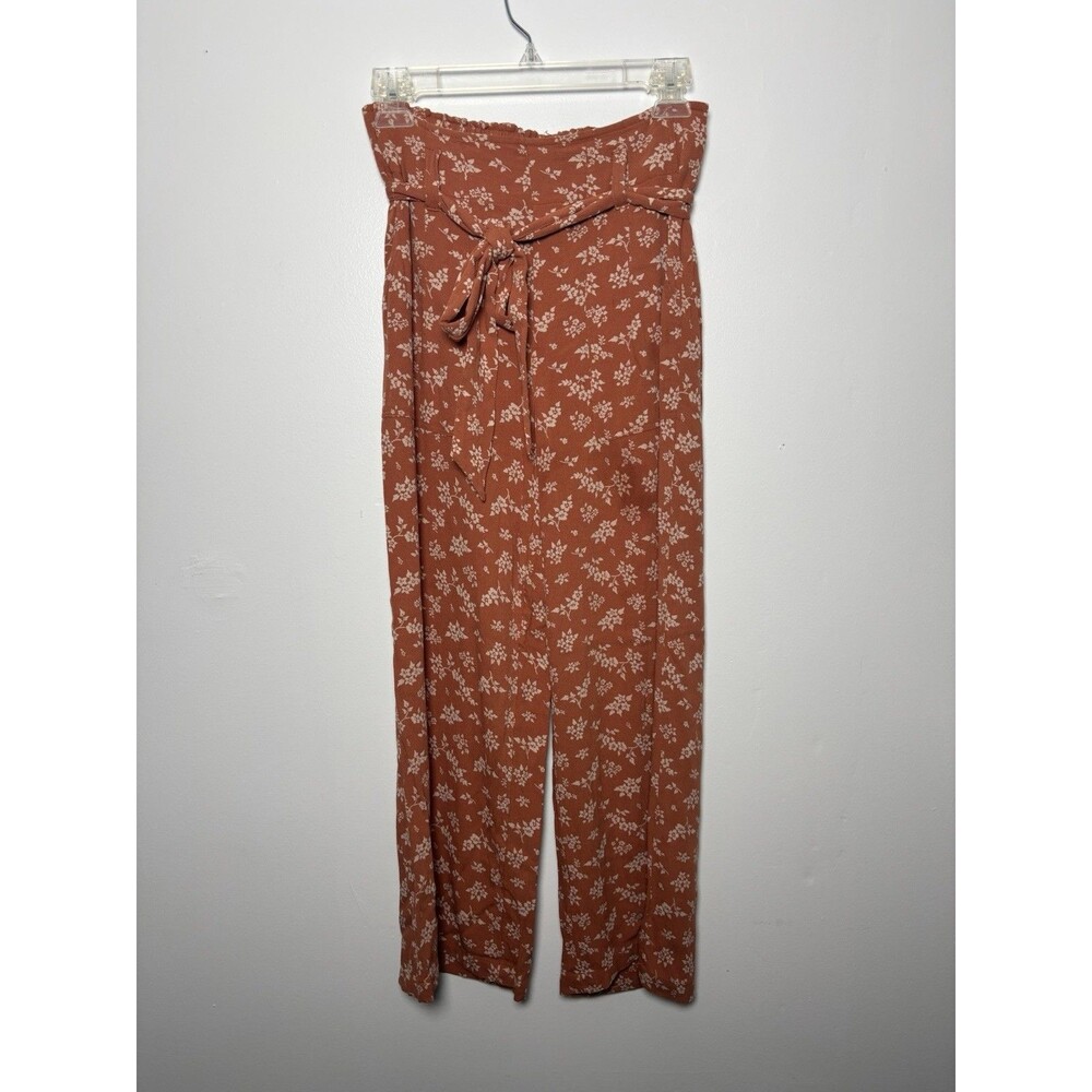 American Eagle Women's S Flowy Cropped Belted Pants Brown/White Floral Boho
